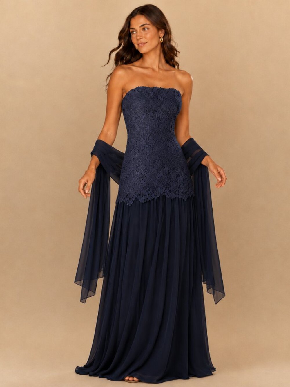 Camila Coelho Madi Navy Floral Lace Drop Waist Maxi Evening Gown Scarf NWT M